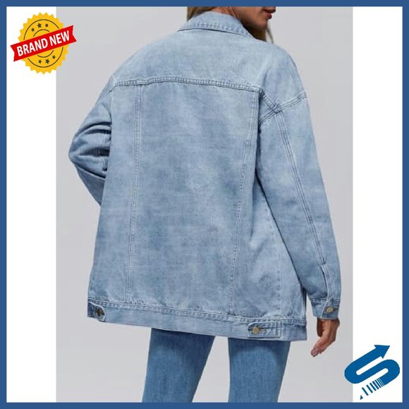 Oversized Denim Jacket Boyfriend Fit Chest Pockets Distressed Details - Picture 5 of 6